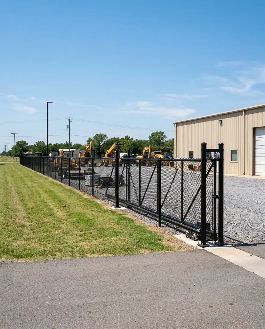 Black vinyl-coated chain link security fence with a cantilever sliding gate around a commercial equipment yard