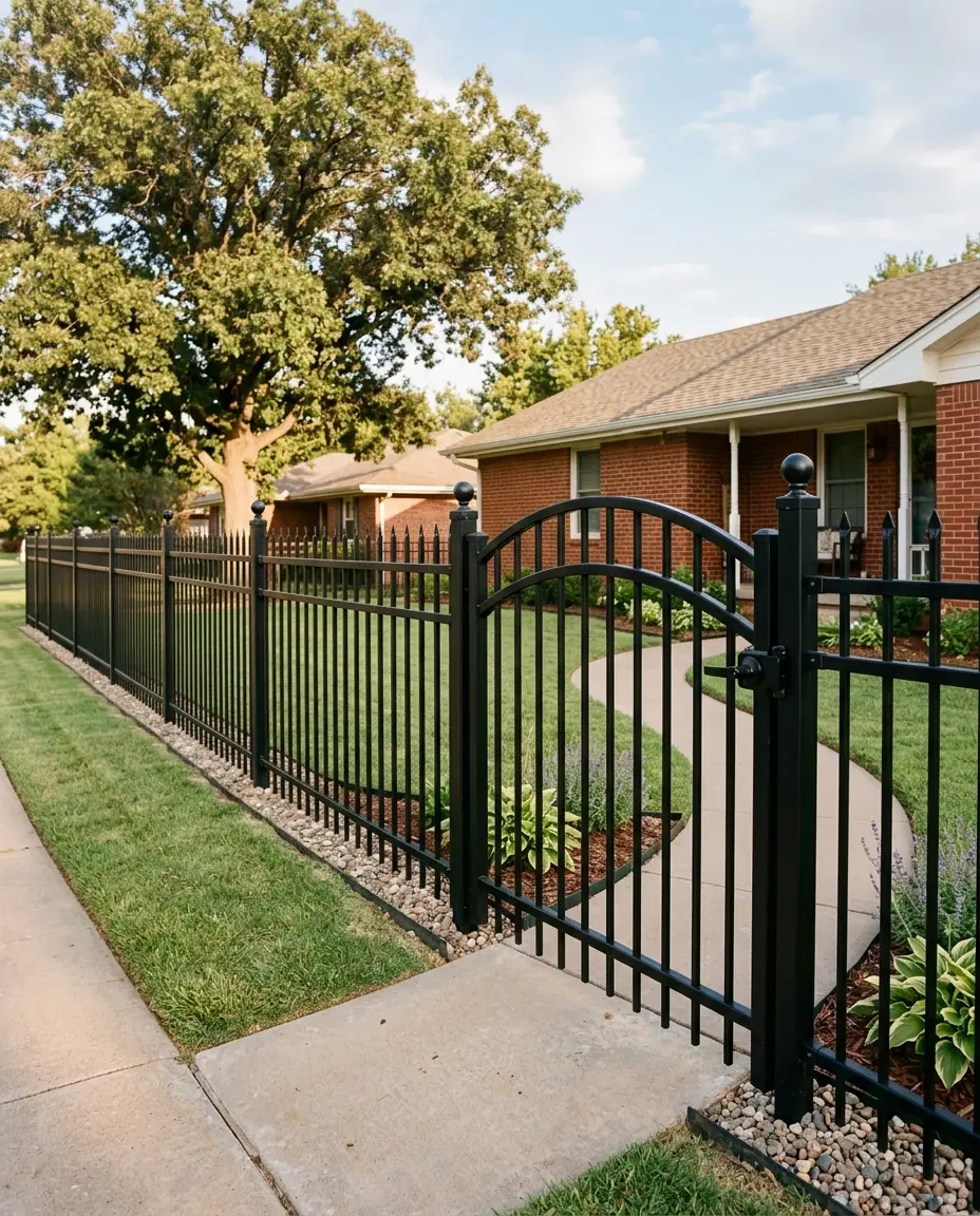Black ornamental steel fence with spear-top pickets, ball finial posts and an arched walk gate along the front yard of a brick ranch house