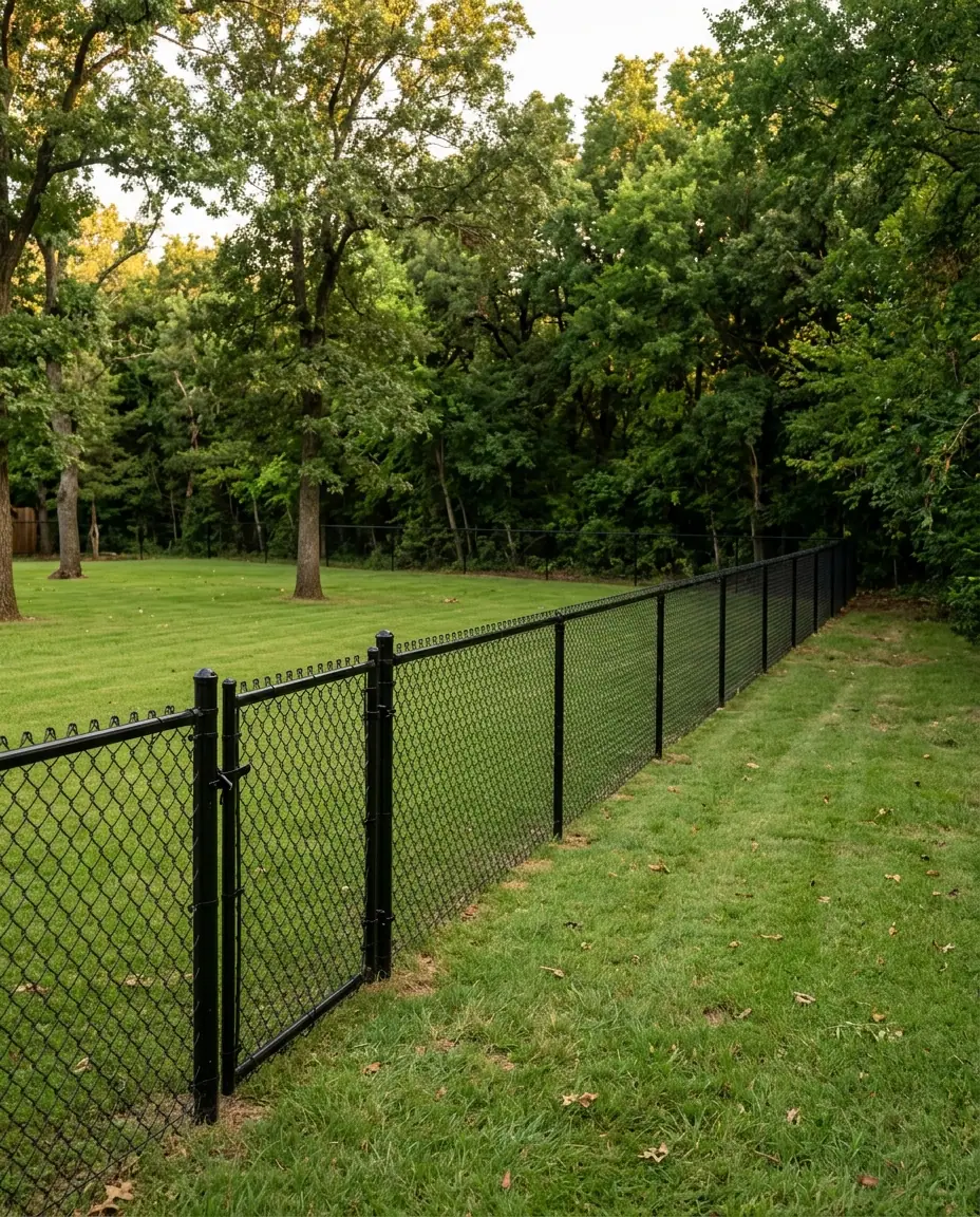 Black vinyl-coated chain link fence with black posts, top rail and a walk gate along a backyard lawn and tree line