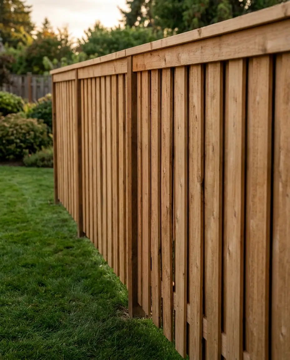 Close-up of a cedar board-on-board privacy fence with overlapping boards, a top cap and a trim board