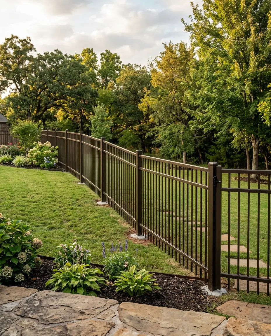 Bronze ornamental aluminum fence with flat-top pickets racked to follow a sloped backyard beside a stone patio