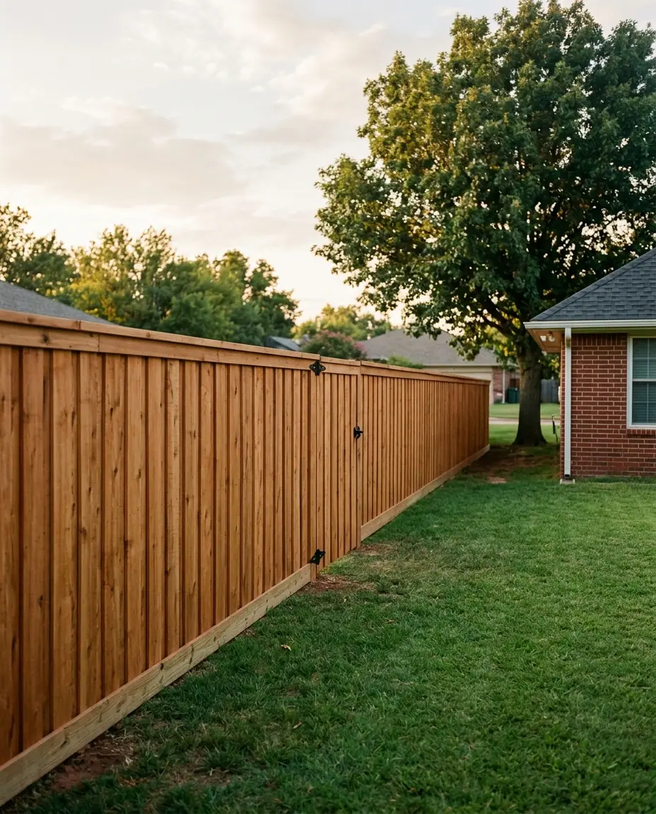 New western red cedar board-on-board privacy fence with a top cap and kickboard along a backyard lawn