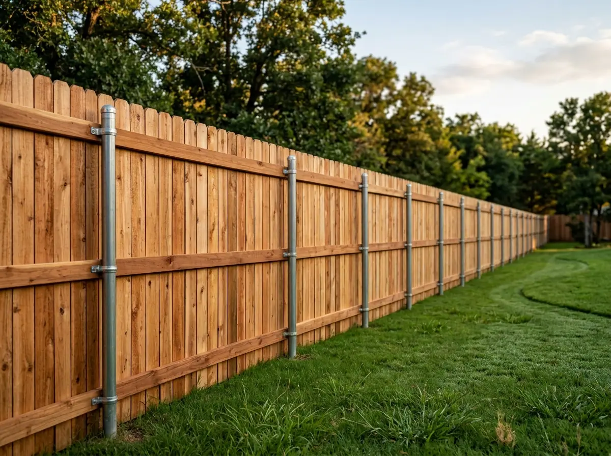 Back side of a cedar privacy fence built on galvanized steel posts with three rails and metal brackets