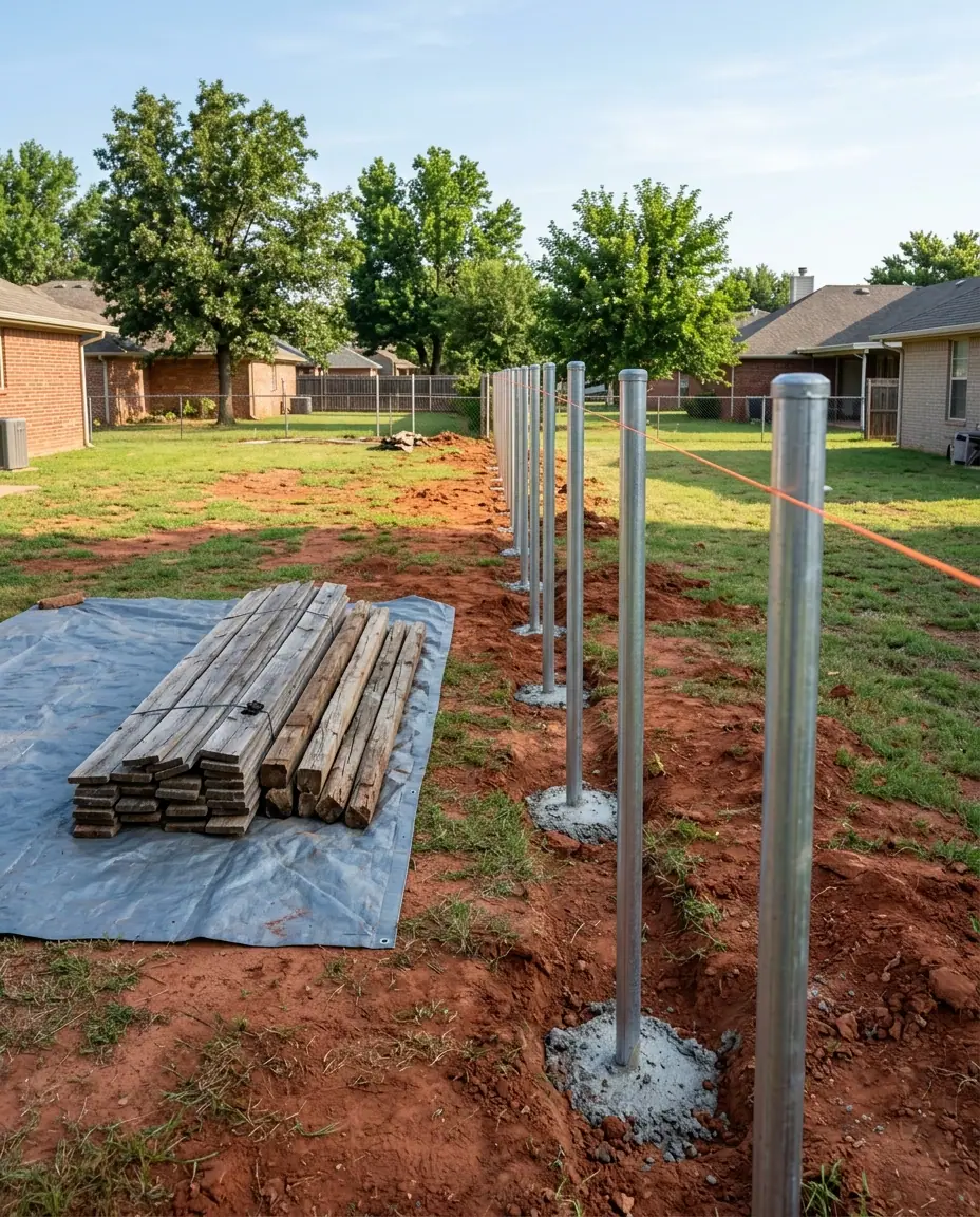 New galvanized steel fence posts set in concrete along a string line, with old weathered fence boards stacked on a tarp for haul-away