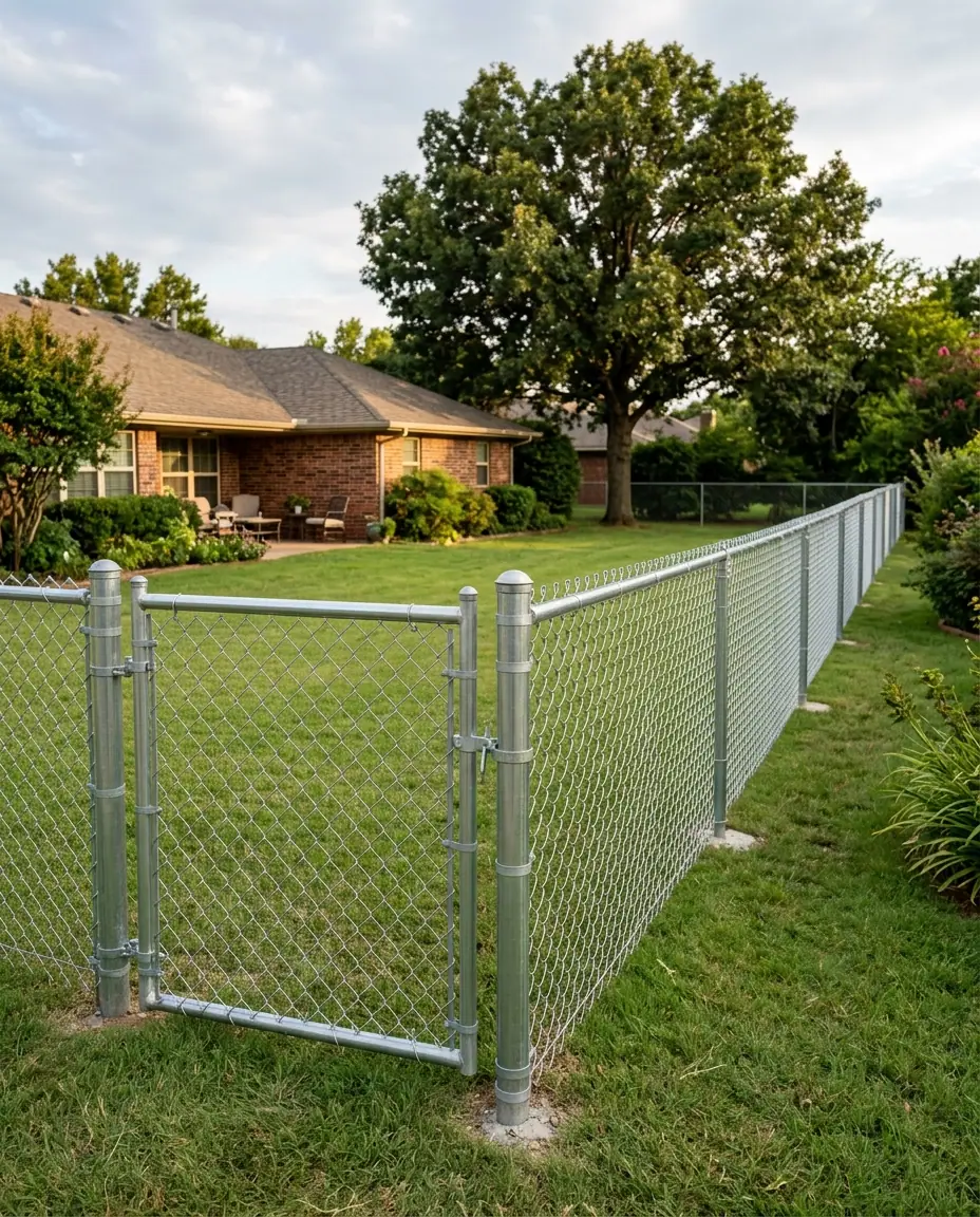 Galvanized chain link fence with a top rail, corner posts and a walk gate around a backyard lawn behind a brick house
