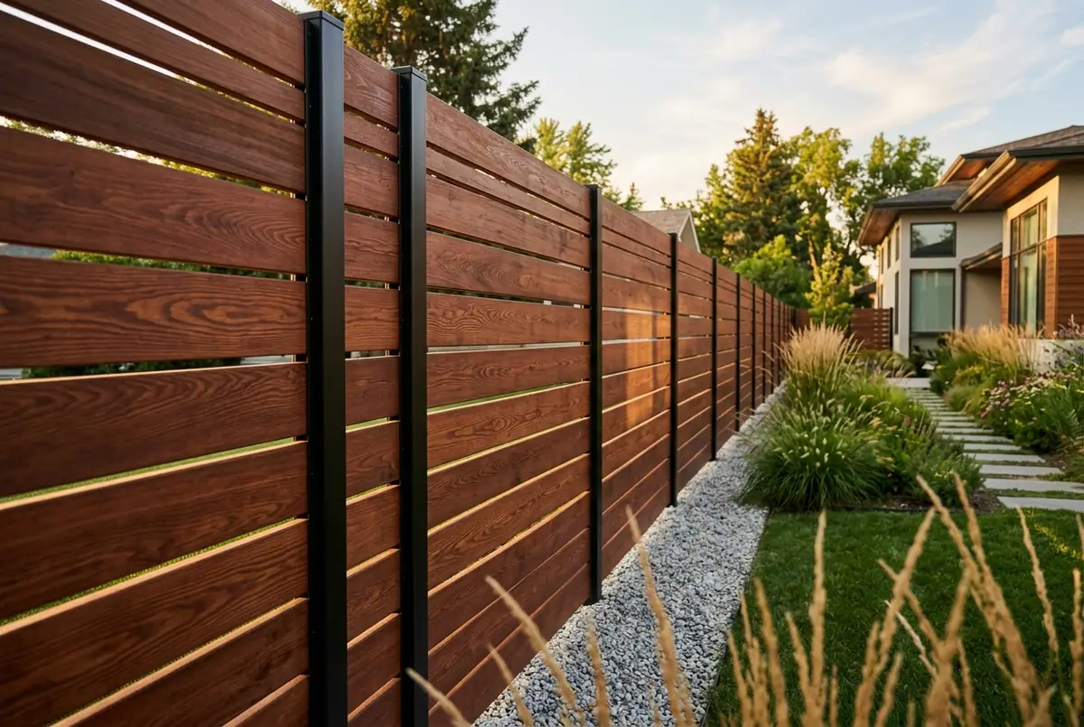 Horizontal slat wood fence with black steel posts along a landscaped side yard