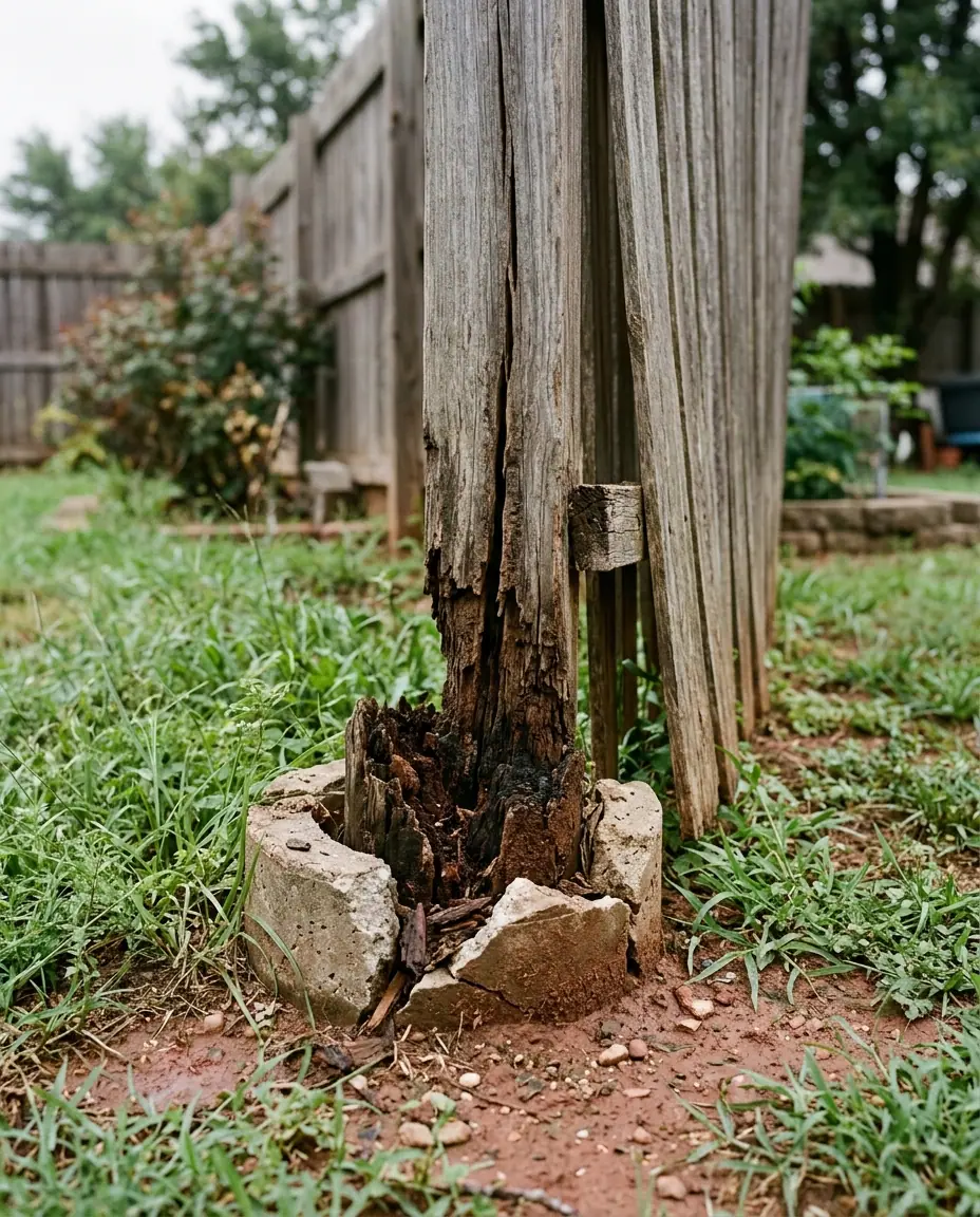 Wood fence post rotted through at the ground line inside a cracked concrete collar, with the fence beside it leaning