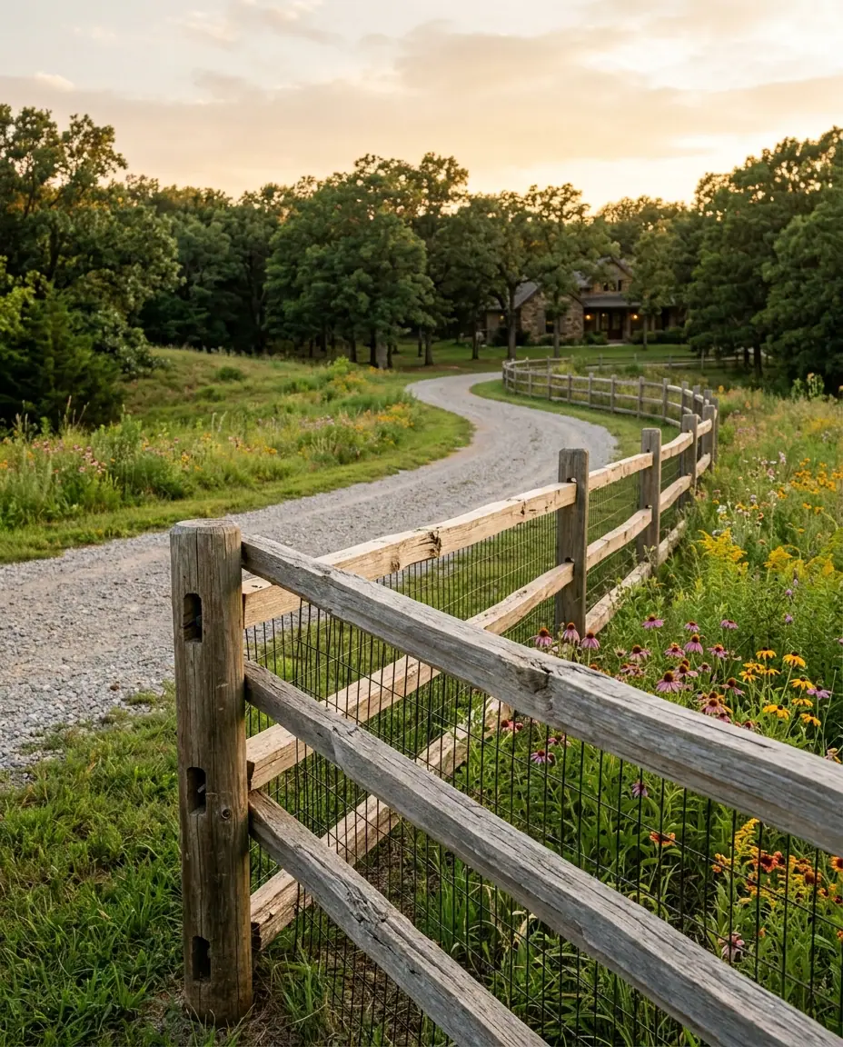 Three-rail split rail fence with mortised posts and black welded wire backing along a curving gravel driveway and wildflowers