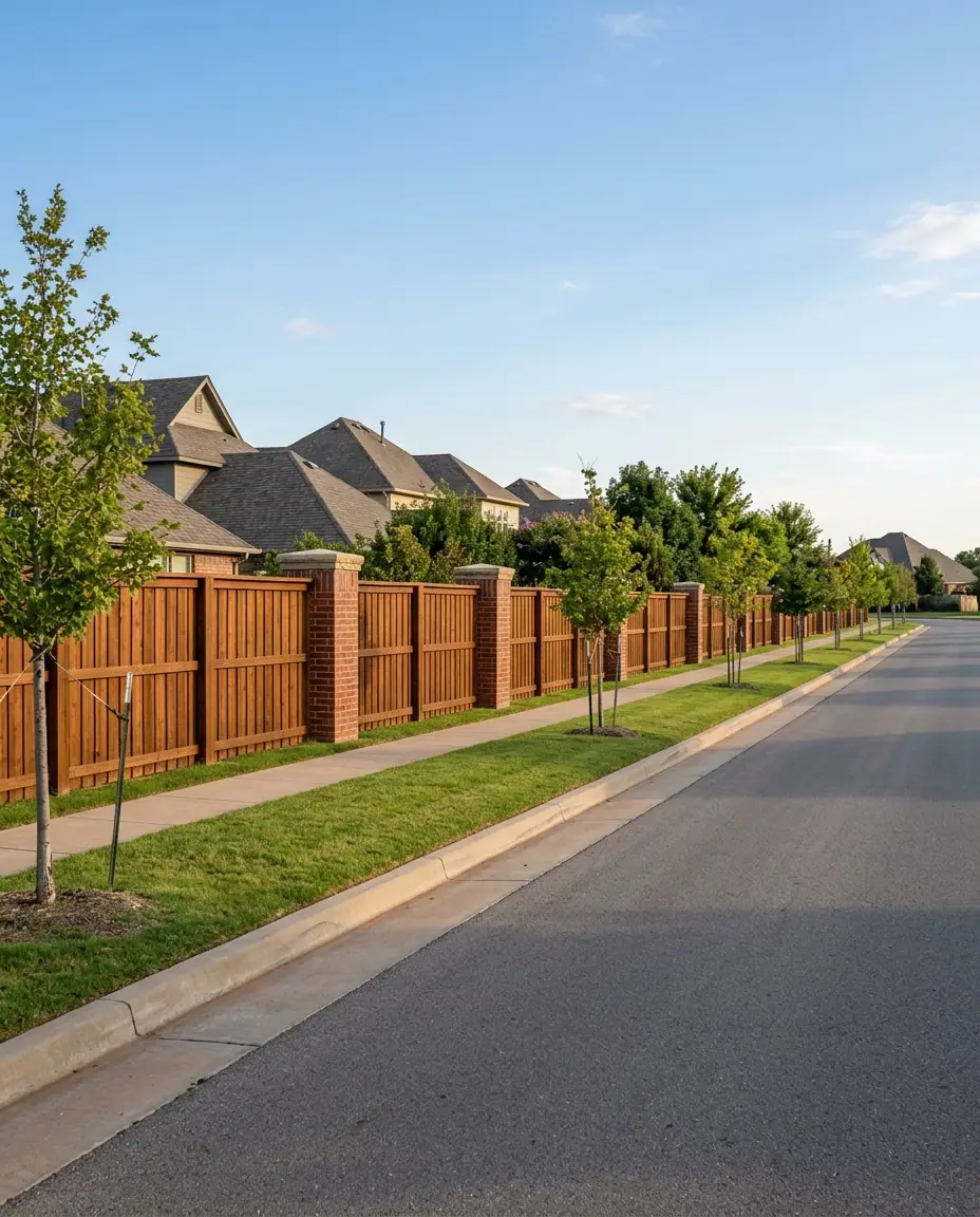 Uniform stained cedar subdivision perimeter fence with brick columns along a landscaped neighborhood road