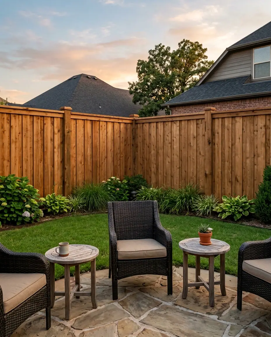 Tall cedar board-on-board privacy fence with a top cap around a backyard stone patio with outdoor chairs