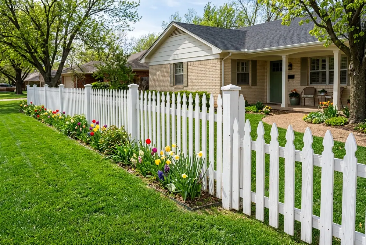 White picket fence with spring flower beds in front of a one-story home
