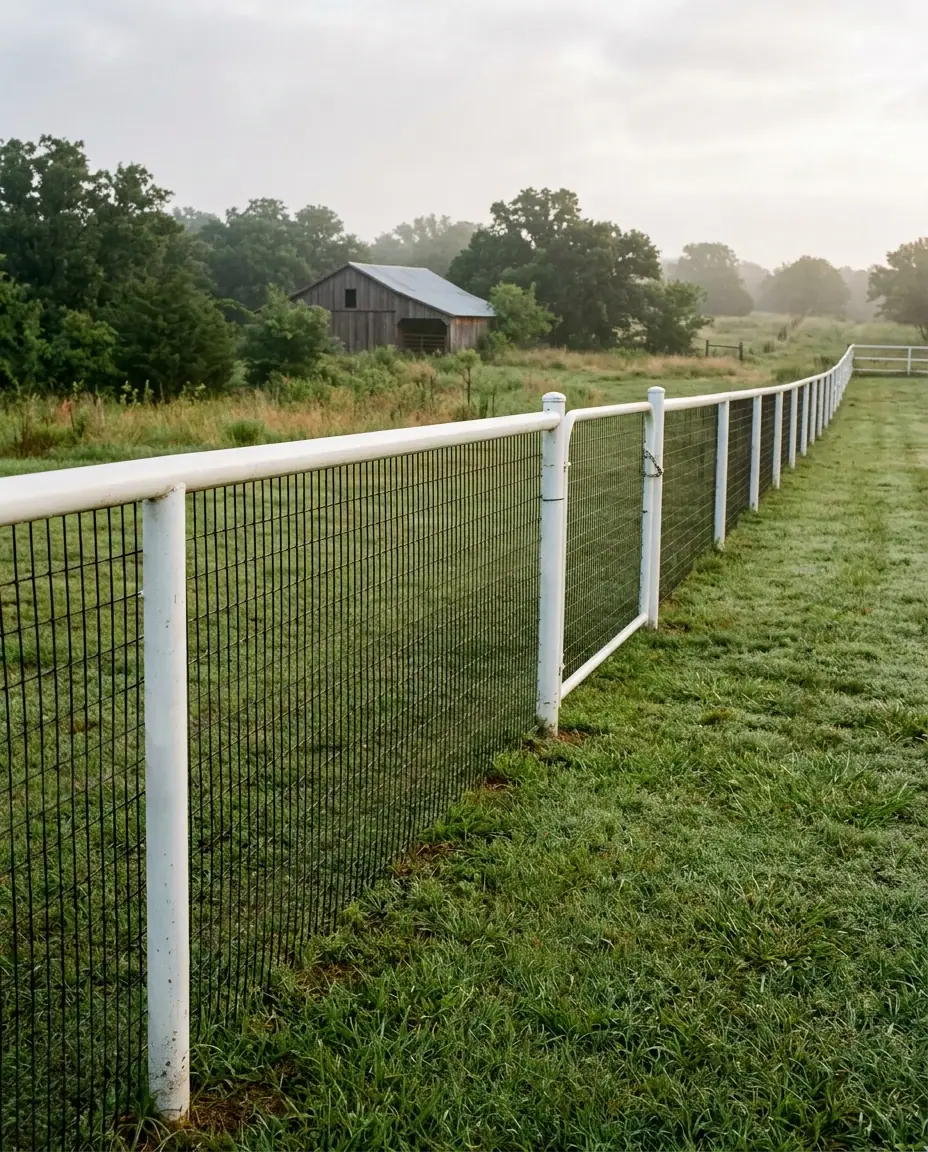 White-painted pipe horse fence with no-climb wire and a matching pipe gate along a green paddock with a barn behind
