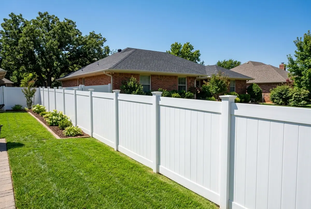 White vinyl privacy fence with solid panels along a backyard lawn