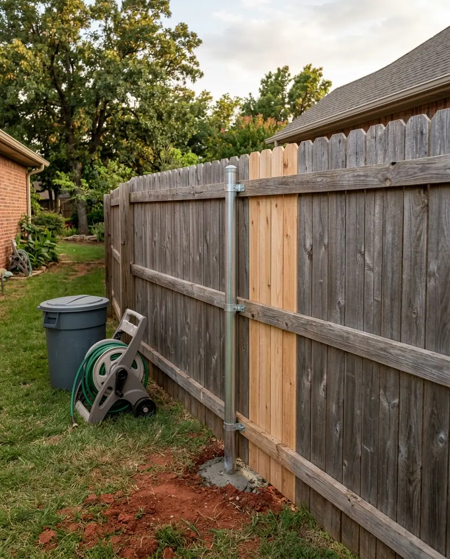 Weathered 6-foot wood privacy fence with a new galvanized steel post in a fresh concrete footing, three rails bracketed to it and a few new cedar boards