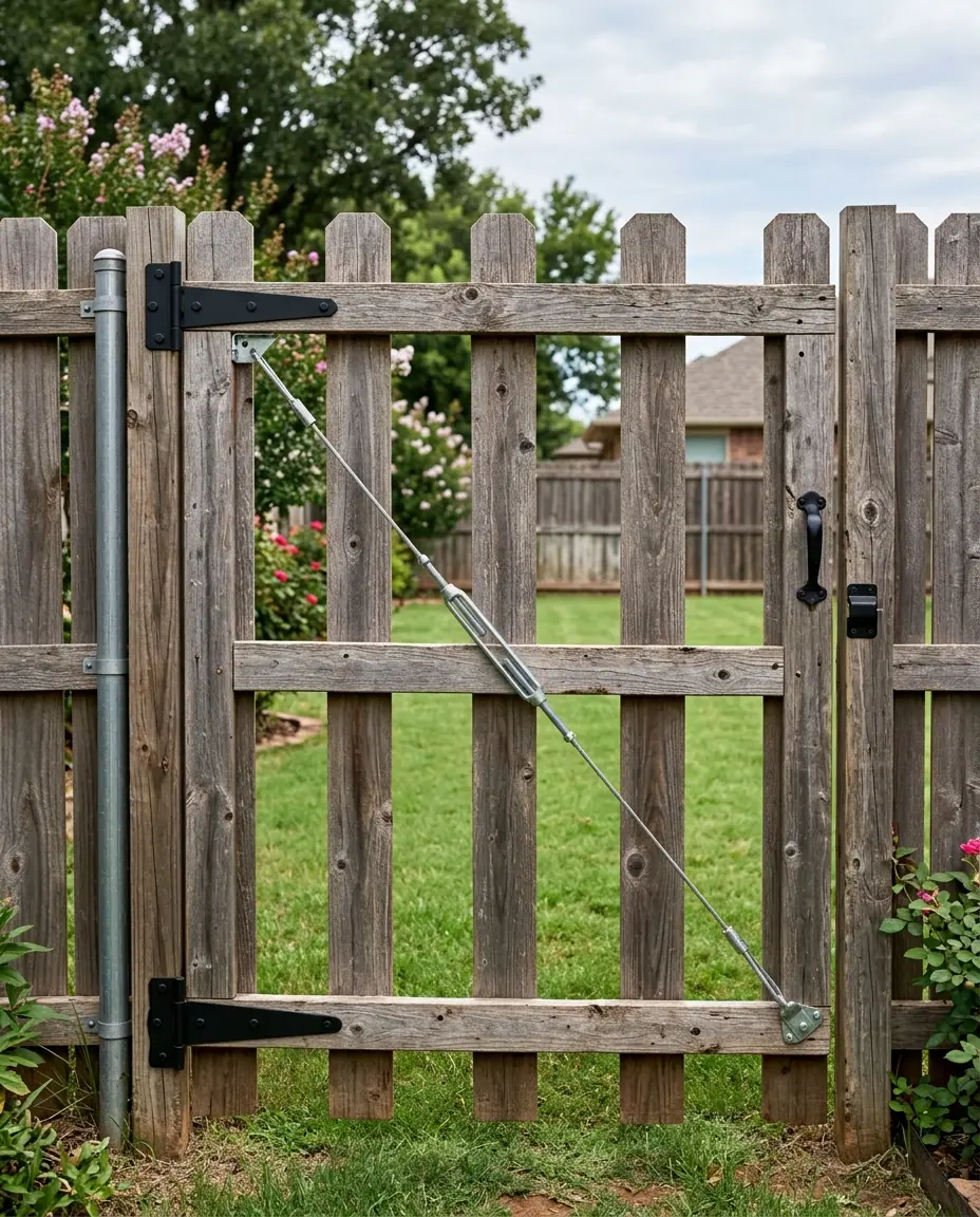 Back side of a weathered wood gate with a diagonal anti-sag cable and turnbuckle, black strap hinges and a latch on a galvanized steel post